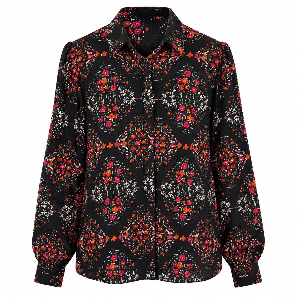 Black Floral Medallion Puff Sleeve Button Down‎ Blouse Top XL peasant whimsigoth